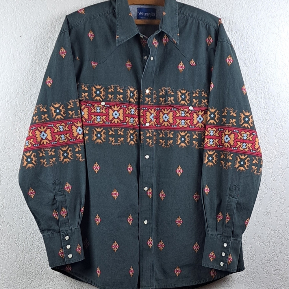Vintage Wrangler Brushpopper Western Shirt L Southwestern Aztec Canvas PearlSnap